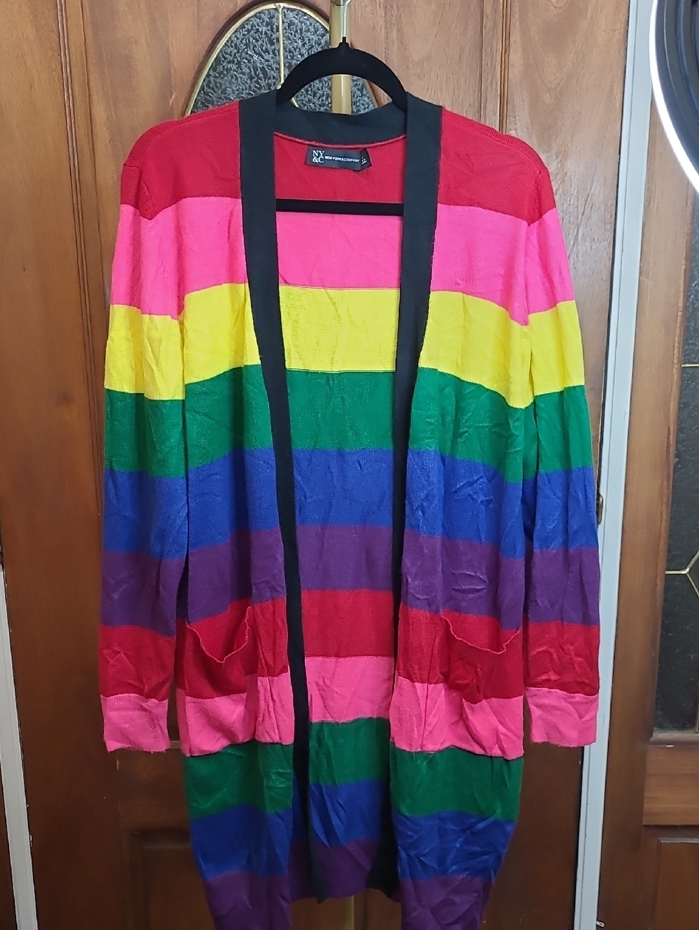 New York & Company Rainbow Colorblock Striped Open Front Cardigan size Large